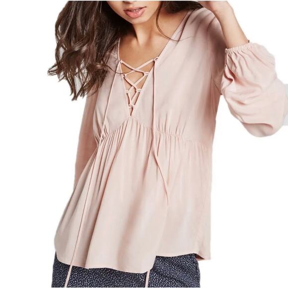 BCBGeneration Tops - BCBGeneration Light Pink Lace-Up Ties Long Sleeve Peasant Blouse Size XS